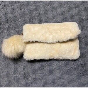 Faux fur off white crossbody/clutch gold detachable chain and pom pom nwot